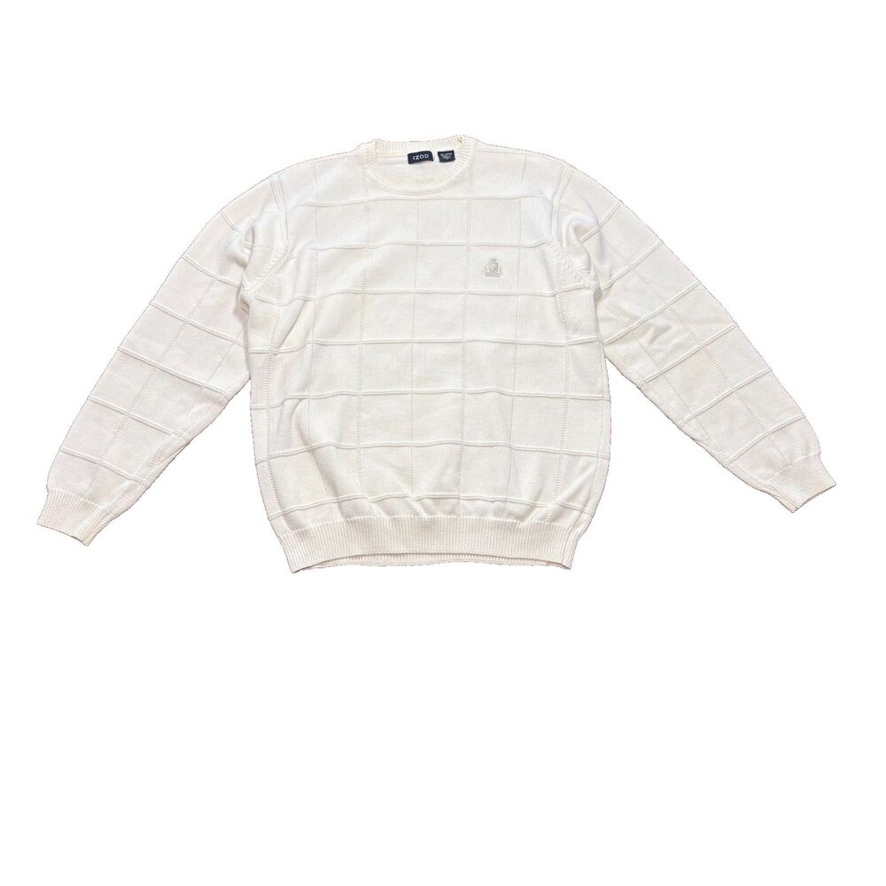 IZOD Sweater White / Ivory Knit Square Golf Pullover Dressy Shirt Large